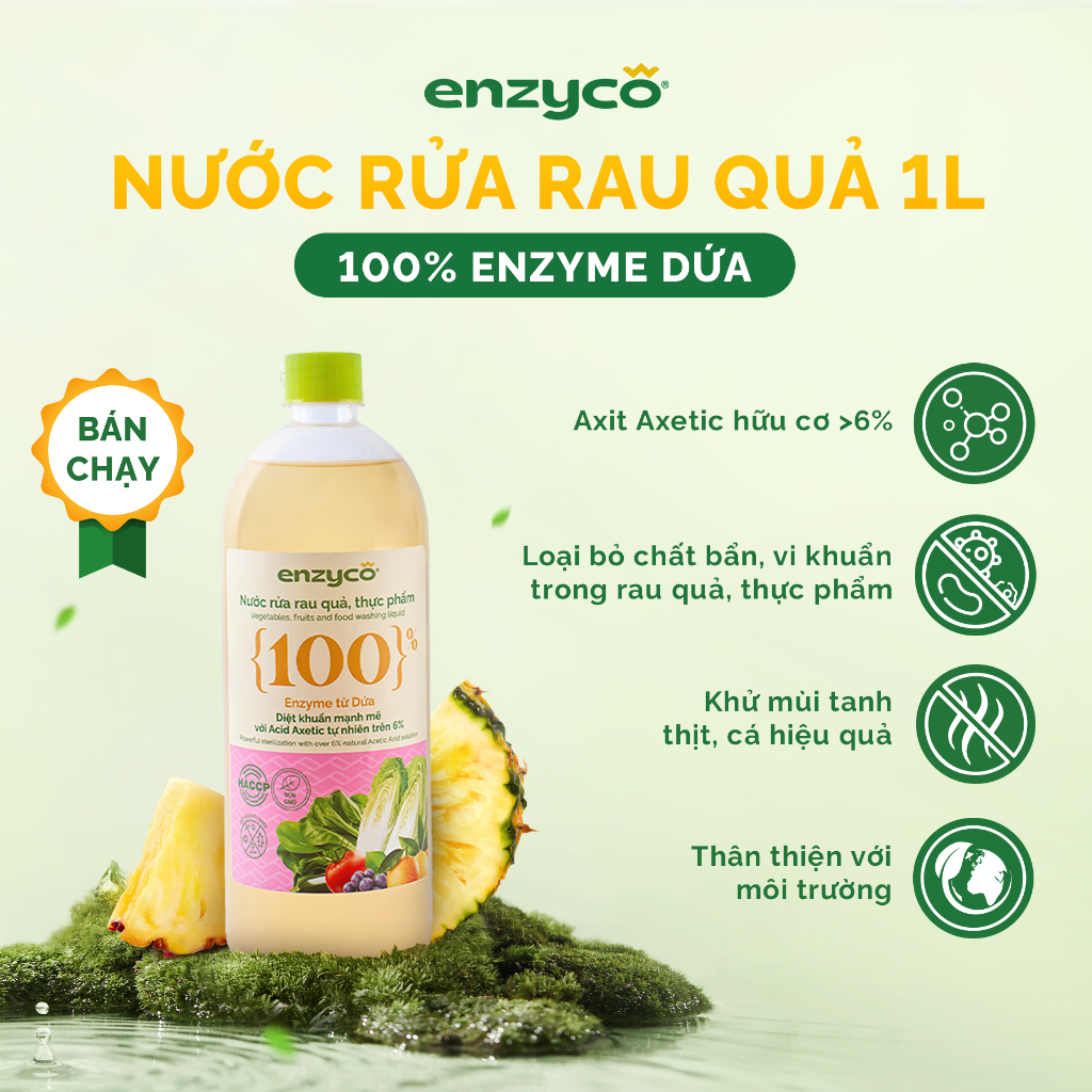 Product image Nước Rửa Rau Củ Quả, Thực Phẩm Sinh Học Enzyco 1L-100% Enzyme Dứa, Khử Tanh Thịt Cá, Rửa Rau Ăn Dặm Cho Bé, Thuần Chay 1