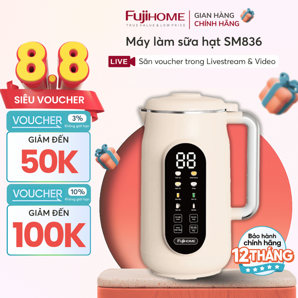 Máy sữa hạt đa di năng gia đình Nhập Khẩu FUJIHOME SM836, Máy xay sinh tố cháo bột cối an toàn công suất lớn