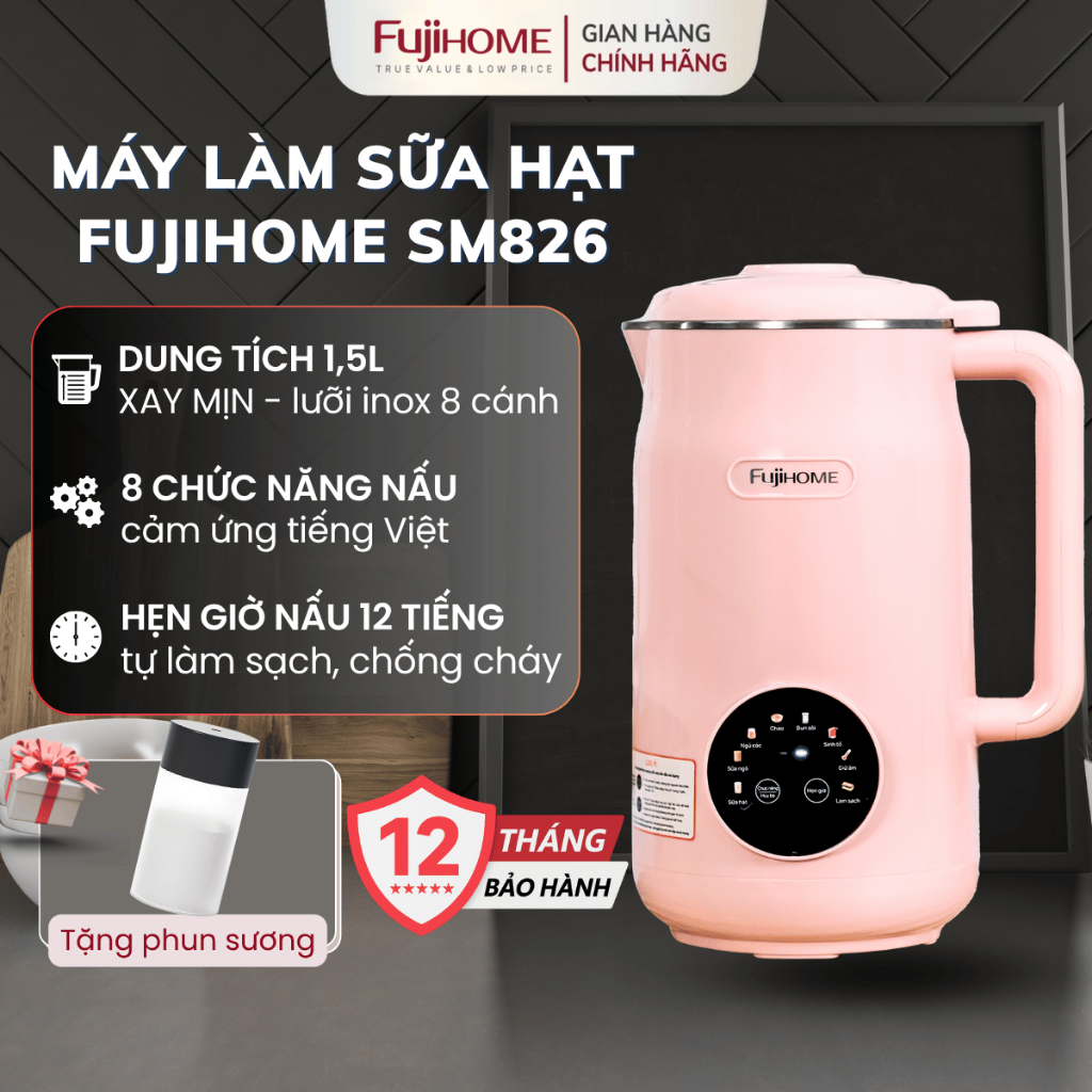 Máy xay nấu sữa hạt FUJIHOME SM826 Nhập Khẩu, Máy sữa hạt đa di năng 8 chế độ an toàn làm sạch tự động