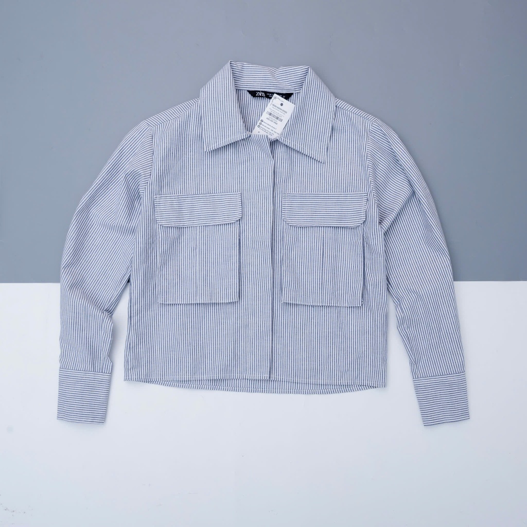 ZARA ÁO KẺ SỌC T.DÀI 2TÚI HỘP XÁM TRẮNG (250226030)