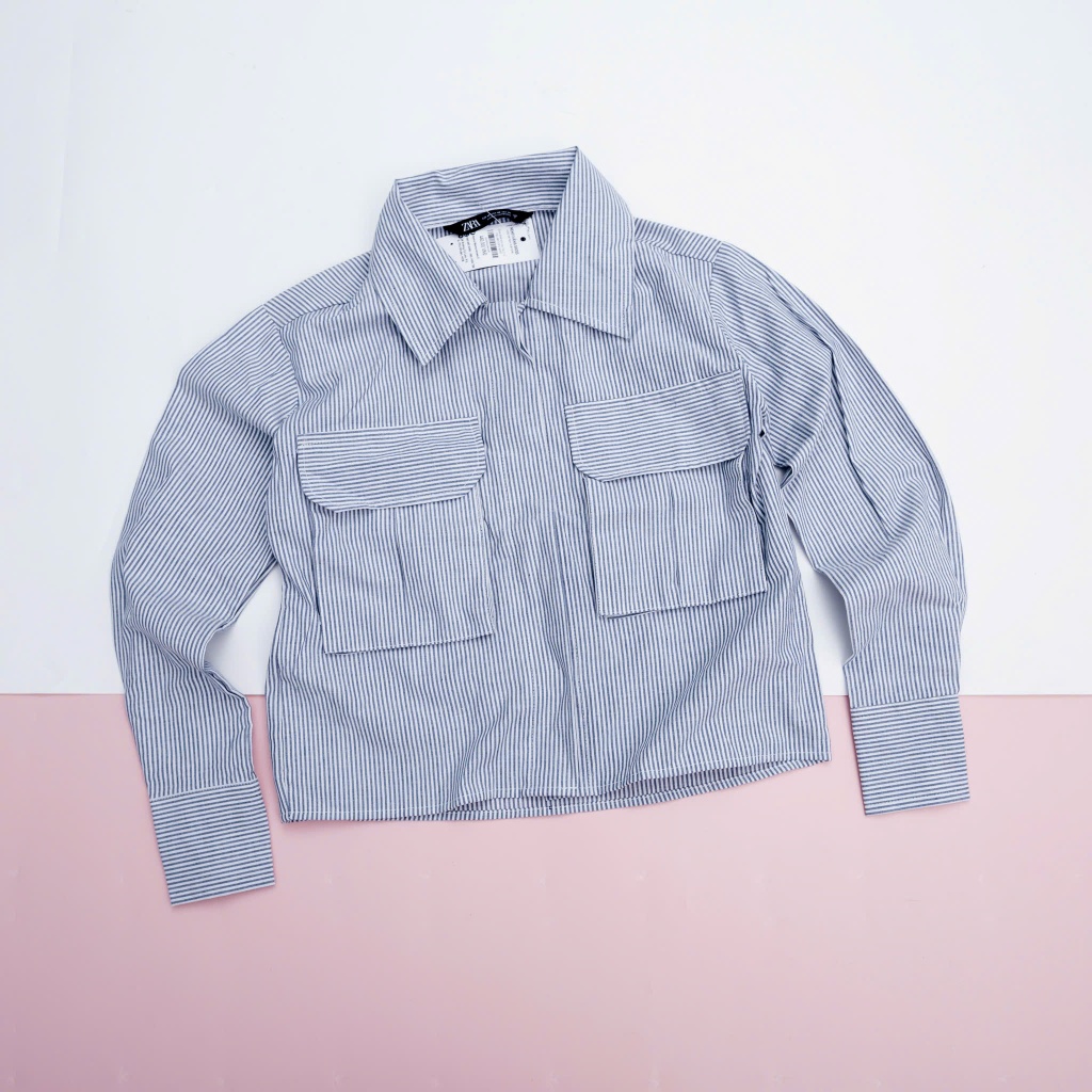 ZARA ÁO KẺ SỌC T.DÀI 2TÚI HỘP XÁM TRẮNG (250226030)