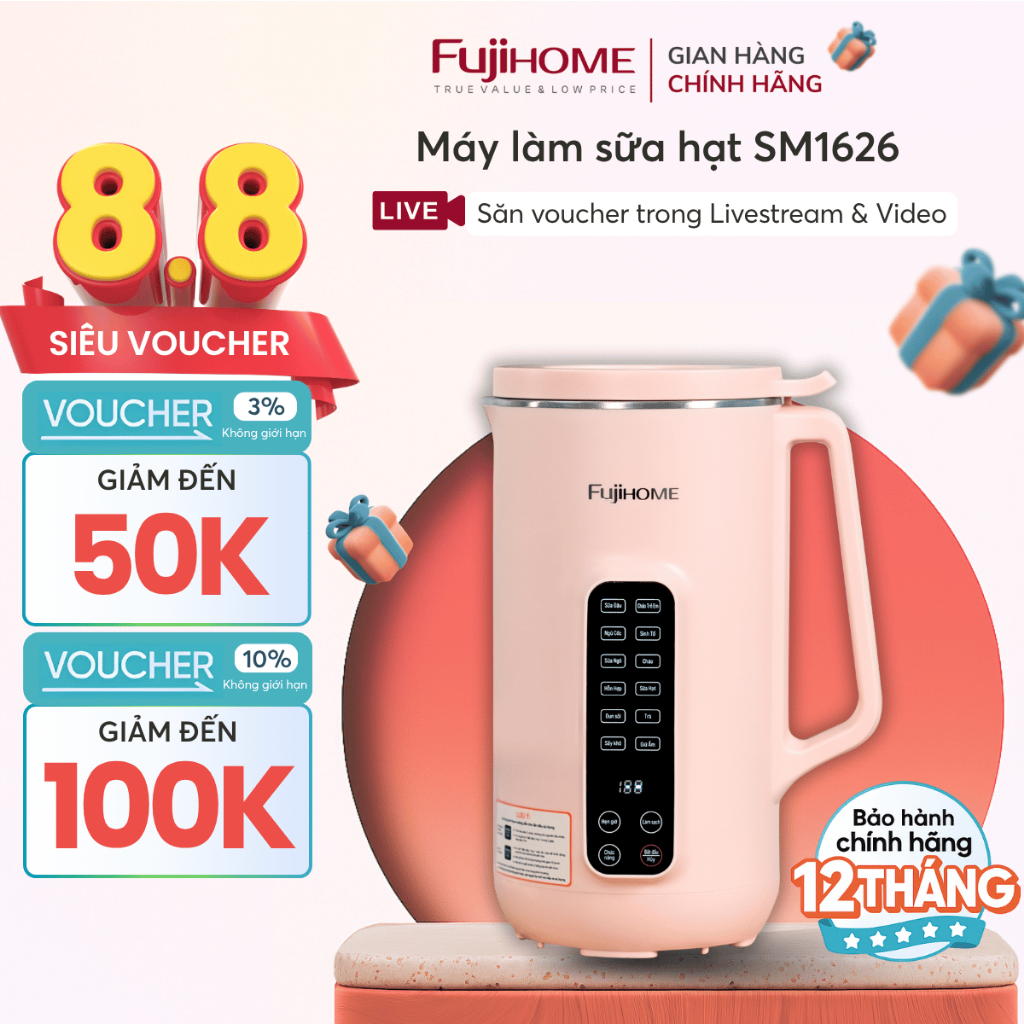 Máy sữa hạt nấu cháo gia đình 1L SM1626 FUJIHOME, Máy xay sinh tố cối chống gỉ an toàn không cần lọc cho bé