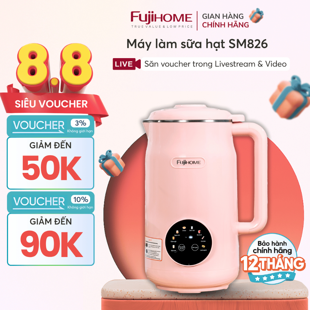 Máy làm sữa hạt cao cấp SM826 FUJIHOME 1,5L, Máy xay nấu cháo chất liệu an toàn thông minh cảm ứng 3D tiện lợi
