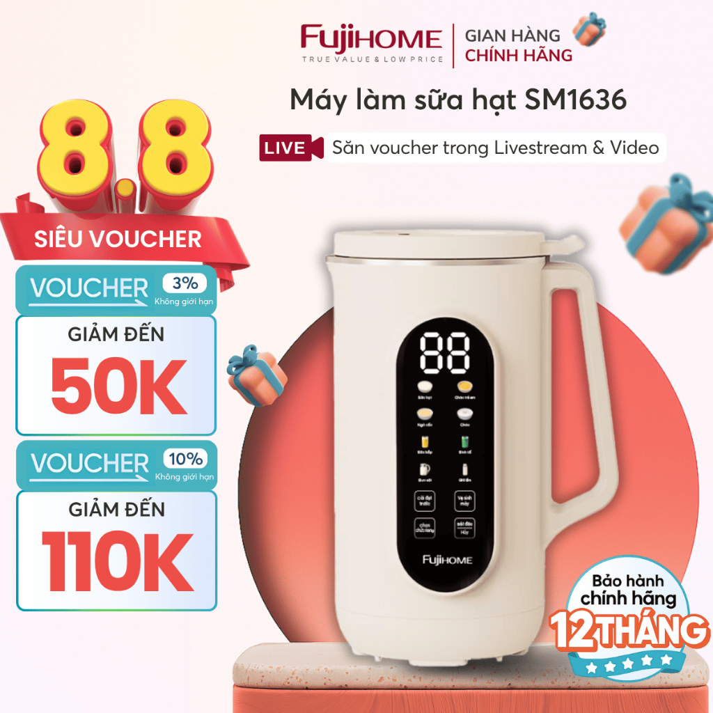 Máy làm sữa hạt nhỏ gọn chống tràn FUJIHOME SM1636 Nhập Khẩu, Máy nấu sữa 10 trong 1 cao cấp hiện đại