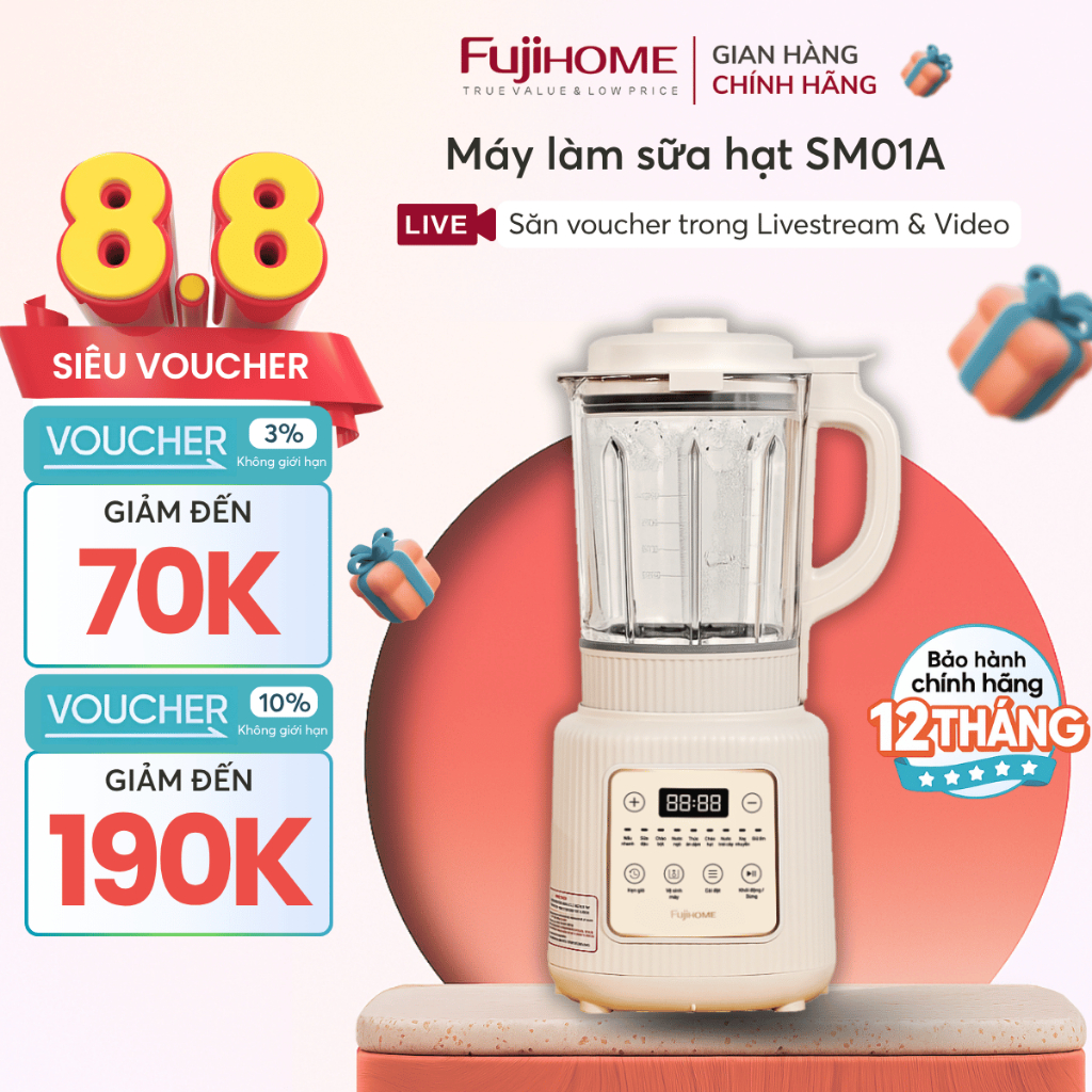 Máy xay nấu Nhập Khẩu FUJIHOME SM01A, Máy sữa hạt màn hình cảm ứng, hẹn giờ 12h bền bỉ an toàn