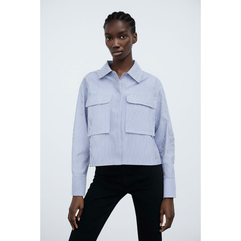 ZARA ÁO KẺ SỌC T.DÀI 2TÚI HỘP XÁM TRẮNG (250226030)