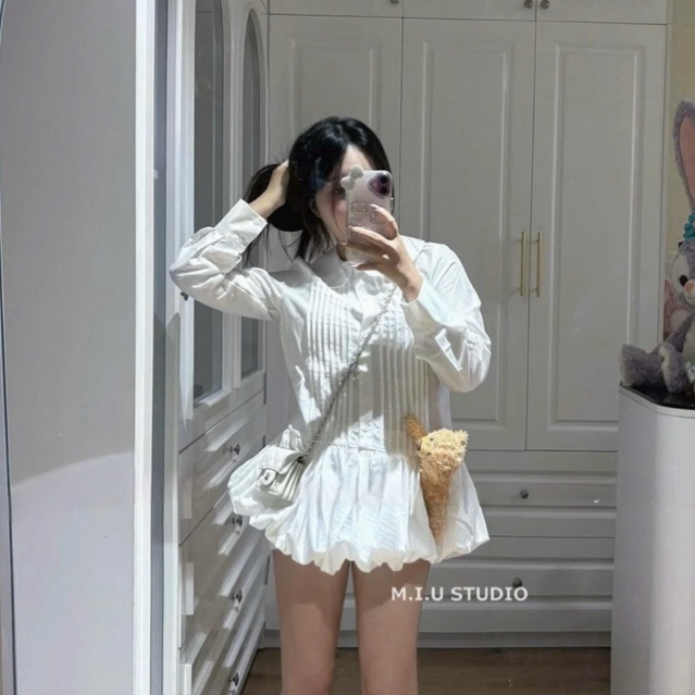 Váy sơmi dài tay dáng ngắn xoè bồng thiết kế dập ly MIU.STUDIO, Đầm nữ cổ bẻ phối chân bí bồng tiểu thư sang chảnh