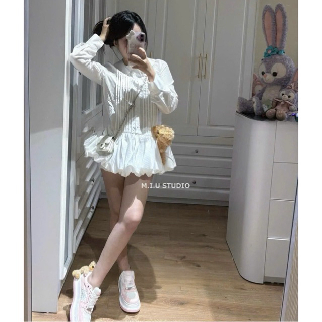 Váy sơmi dài tay dáng ngắn xoè bồng thiết kế dập ly MIU.STUDIO, Đầm nữ cổ bẻ phối chân bí bồng tiểu thư sang chảnh