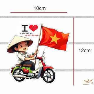 Tem bé trai cầm cờ Việt Nam, Chất liêu decal PVC chống thấm nước, bền màu