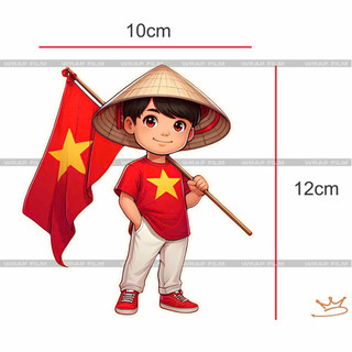 Tem bé trai cầm cờ Việt Nam, Chất liêu decal PVC chống thấm nước, bền màu