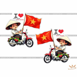 Tem bé trai cầm cờ Việt Nam, Chất liêu decal PVC chống thấm nước, bền màu