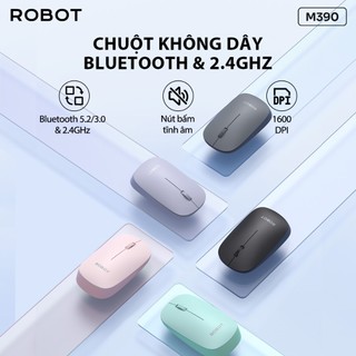 Chuột Quang Không Dây Tĩnh Âm ROBOT M390 Màu Đen/ Màu Xám 1600 DPI Bluetooth 2.4 GHZ - Bảo Hành 1 Đổi 1