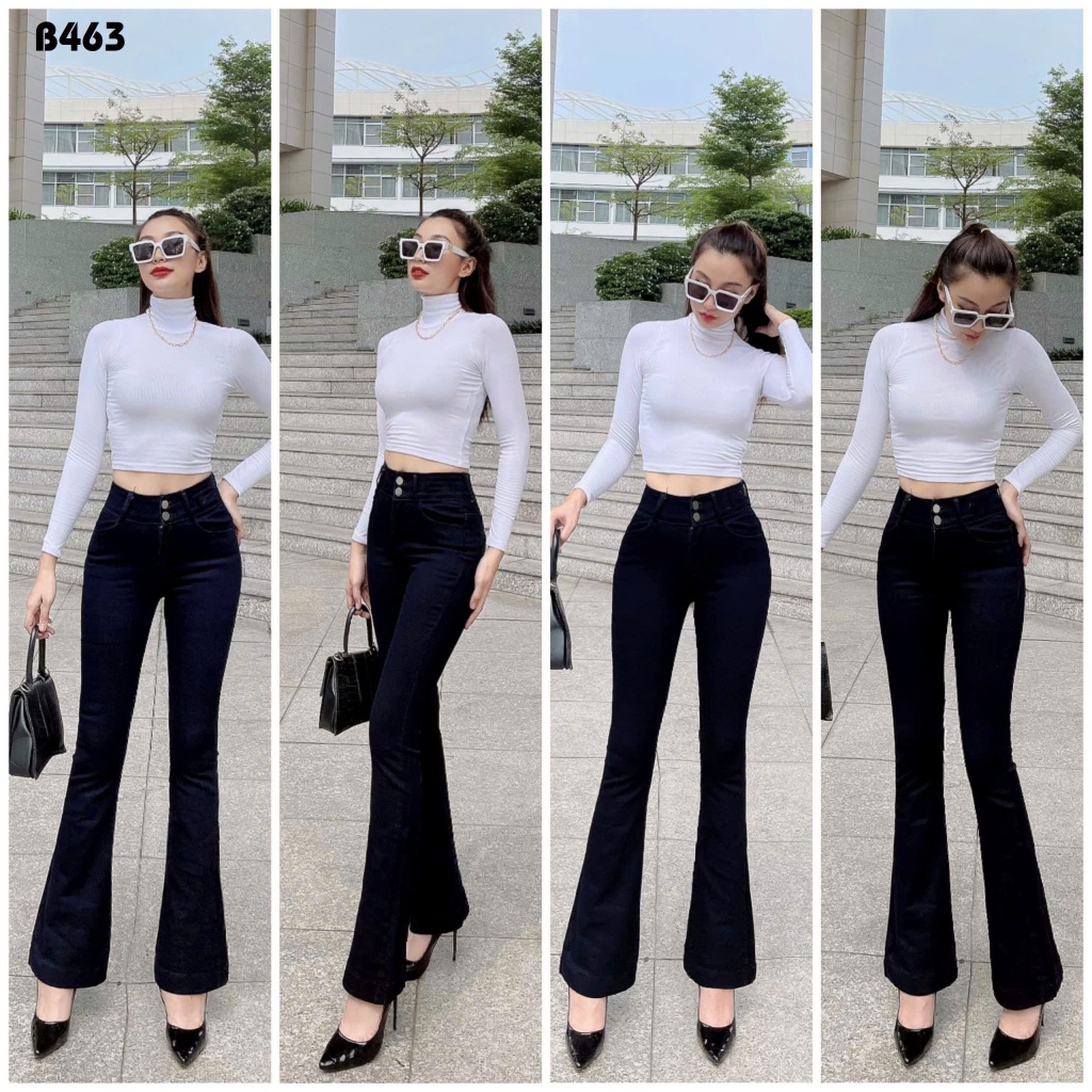 Quần Jeans Nữ Ống Loe Dài Lưng Cao 2 Nút Màu trắng đen