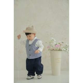Set vest caro xanh vintage bé trai