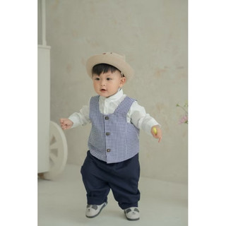Set vest caro xanh vintage bé trai