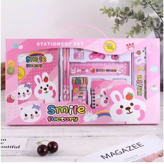 Bộ Dụng Cụ Học Tập Hộp Giấy Có Quai Xách Gồm 2 Bút Chì + Tẩy + Thước Kẻ + Gọt Bút Chì + Sổ Ghi Chép Cute Dễ Thương Chưa