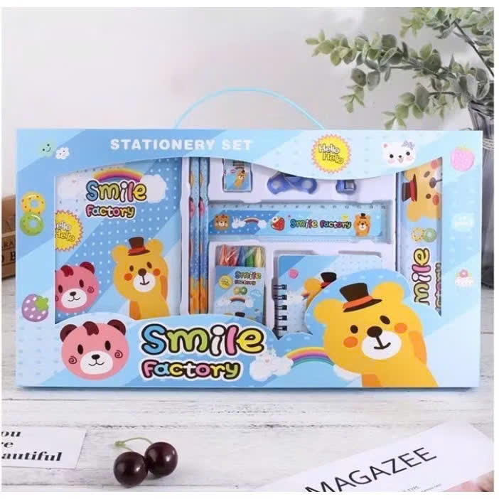 Bộ Dụng Cụ Học Tập Hộp Giấy Có Quai Xách Gồm 2 Bút Chì + Tẩy + Thước Kẻ + Gọt Bút Chì + Sổ Ghi Chép Cute Dễ Thương Chưa