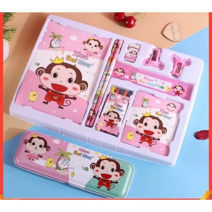Bộ Dụng Cụ Học Tập Hộp Giấy Có Quai Xách Gồm 2 Bút Chì + Tẩy + Thước Kẻ + Gọt Bút Chì + Sổ Ghi Chép Cute Dễ Thương Chưa