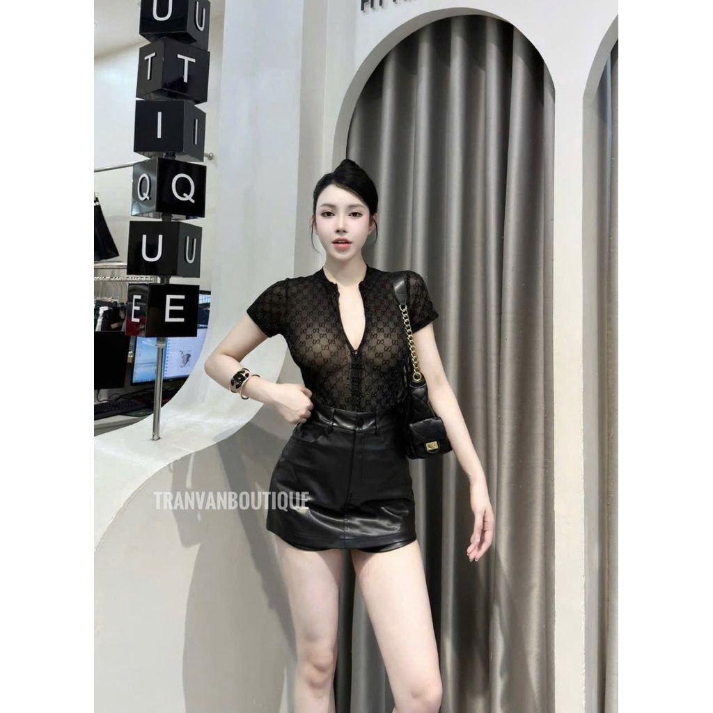 Áo bodysuit lưới nhũ khoá ngực chất mỏng sexy