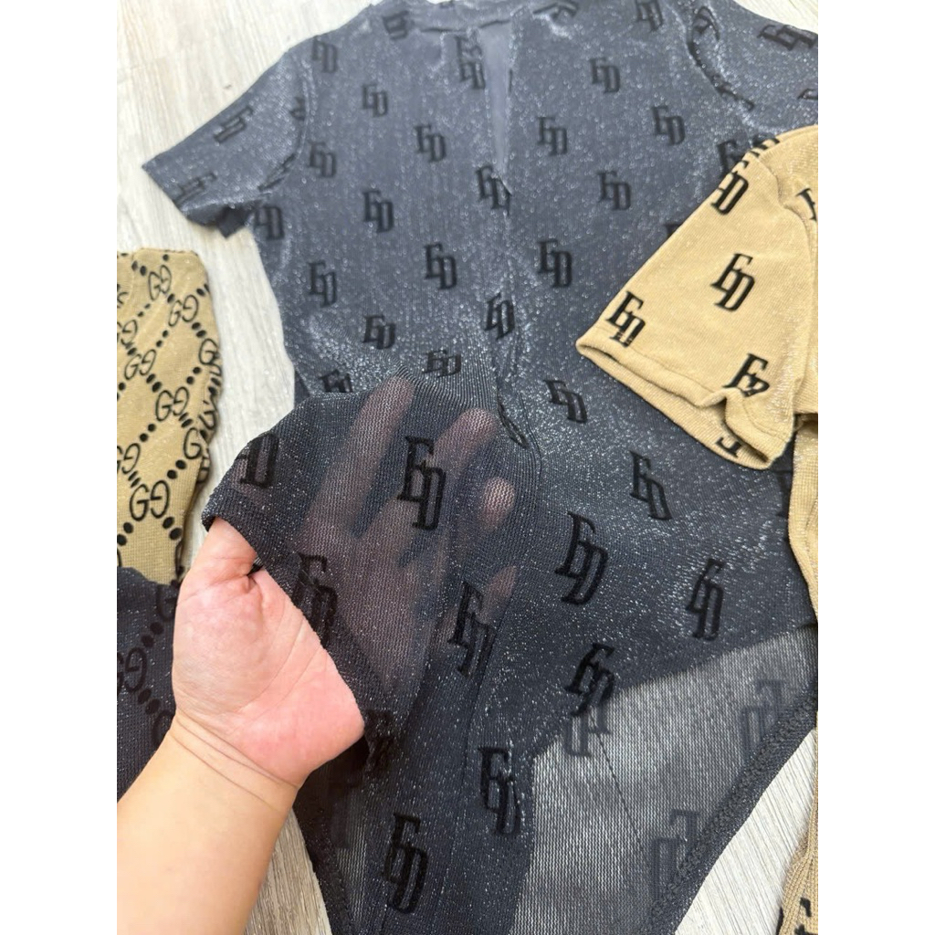 Áo bodysuit lưới nhũ khoá ngực chất mỏng sexy