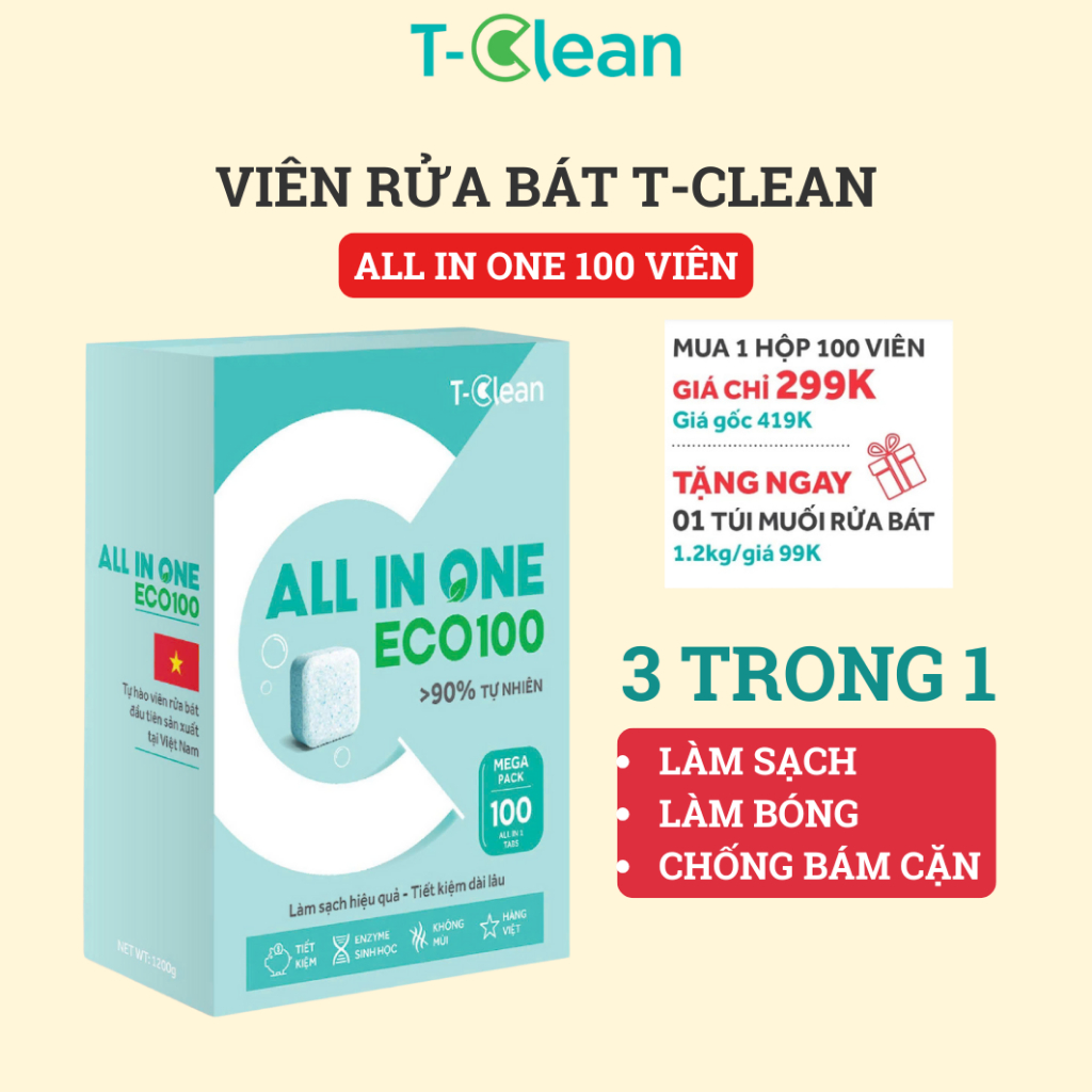 Hộp 100 Viên rửa bát T-Clean (TClean) cho máy 3 in 1 sạch sáng hóng ...