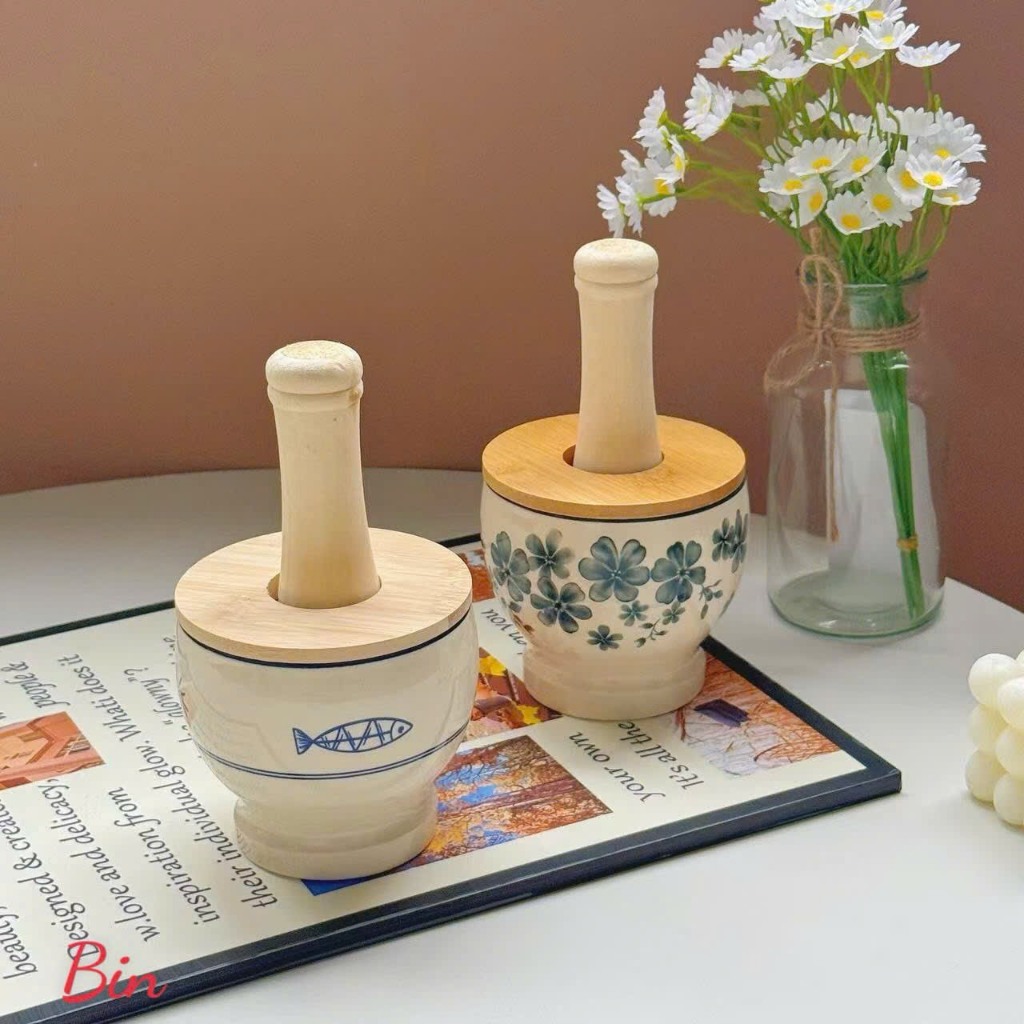 bộ cối giã gỗ thủ công tiện lợi phong cách vingate