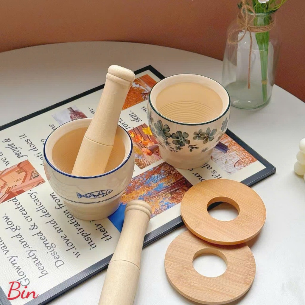 bộ cối giã gỗ thủ công tiện lợi phong cách vingate