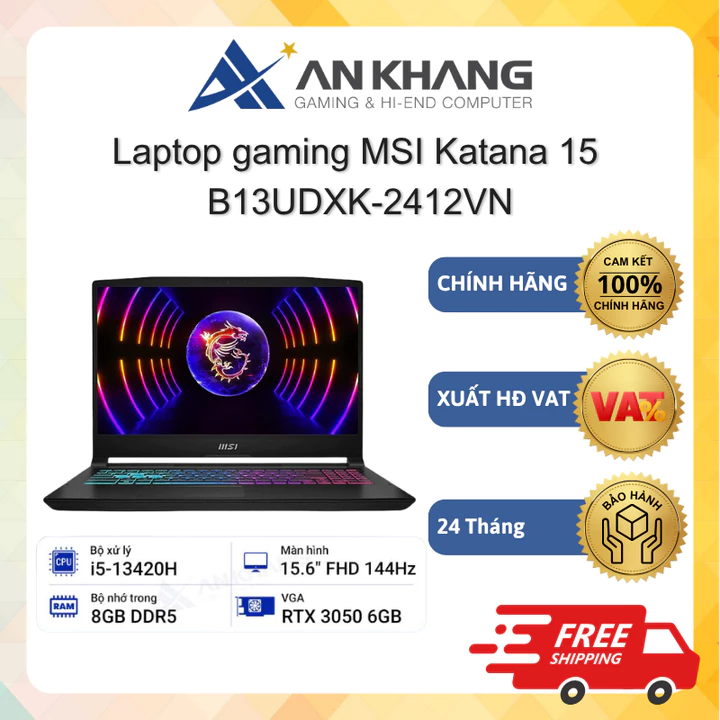 Laptop gaming MSI Katana 15 B13UDXK-2412VN (i5-13420H, 8GB, 1TB, 15.6" FHD, RTX3050, Đen) Chính hãng Bảo hành 24 Tháng
