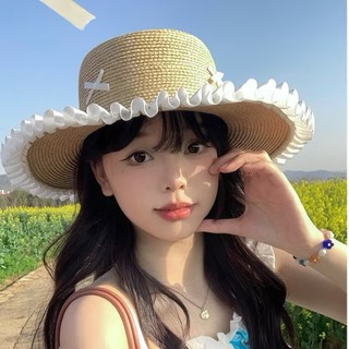 IK Mũ Nón Cói Viền Ren Đính Nơ Che Nắng Vành Rộng Tiểu Thư U23