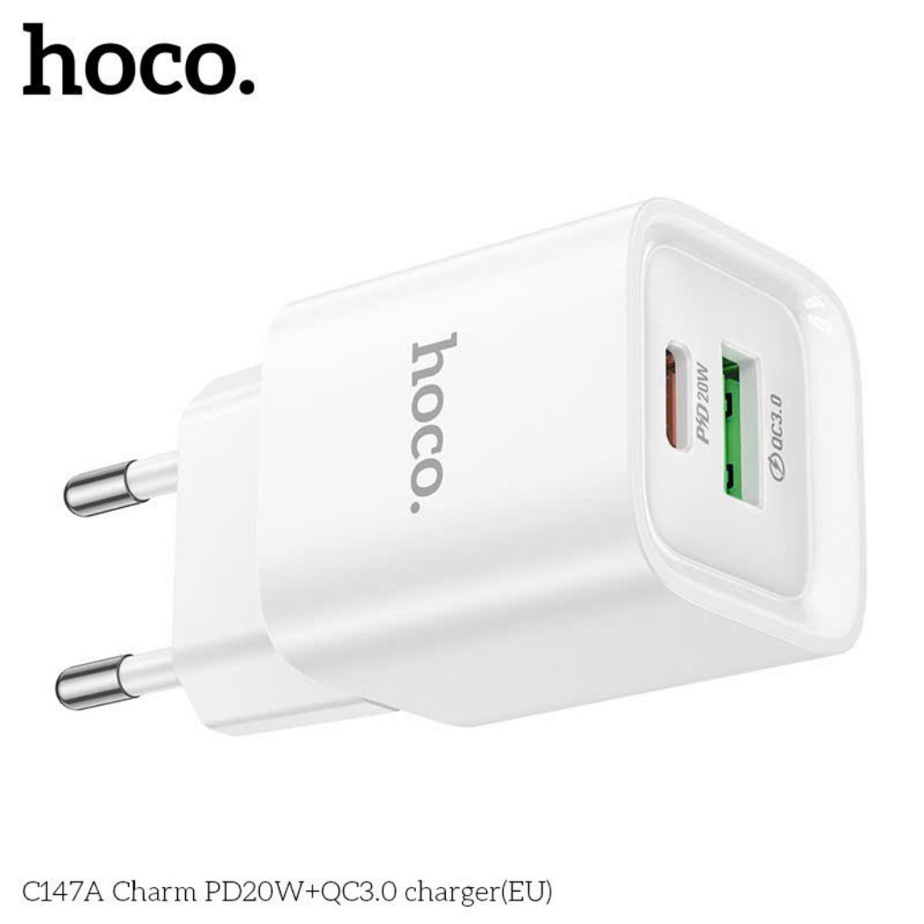 Cốc sạc nhanh Hoco C147A, 1 cổng Type-c nhanh 20w, 1 cổng USB nhanh 18W