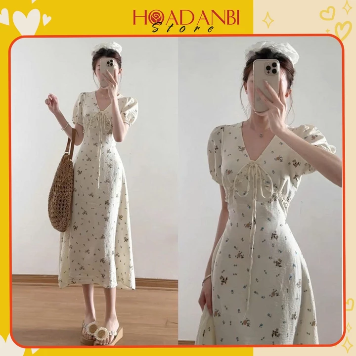 Váy hoa nhí cổ V bèo tay phồng dáng dài tiểu thư 2 lớp, Váy maxi hoa nhí siêu xinh