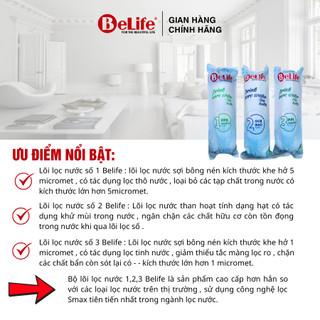 Bộ 3 lõi lọc nươc Belife số 1 2 3 dùng cho máy lọc nước gia đình, loại bỏ cặn bẩn & Clo