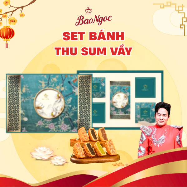 [80g/Bánh] SET "THU SUM VẦY -  Hộp 4 Bánh Nướng + 1 Trà Mạn Trung Thu Bảo Ngọc Cao Cấp Thu Sum Vầy