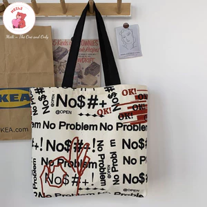 Túi Vải Canvas Lớn Thời Trang Trắng Xanh Họa Tiết Đơn Giản Dạo Phố MEILI STORE