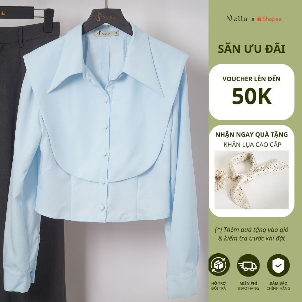Áo sơ mi nữ croptop dài tay xanh baby - sơ mi công sở nữ thời trang cao cấp Vella Fashion VA25065