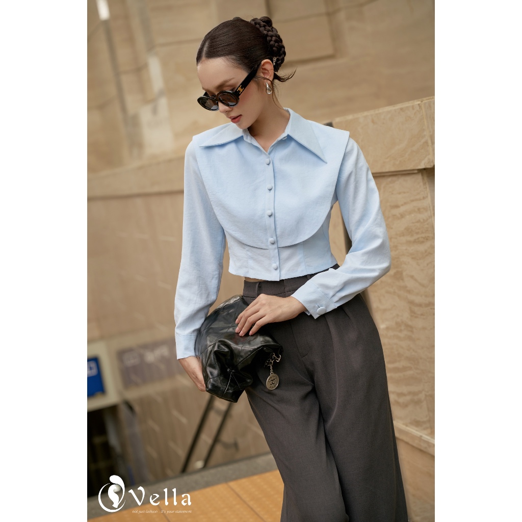 Áo sơ mi nữ croptop dài tay xanh baby - sơ mi công sở nữ thời trang cao cấp Vella Fashion VA25065