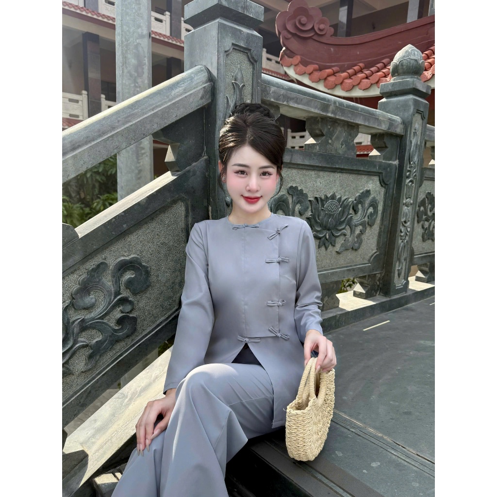 Pháp phục đi chùa vạt hò dài tay lụa nhuyễn Bộ đồ lam đi lễ truyền thống cổ tròn vải mềm mặc tu tập