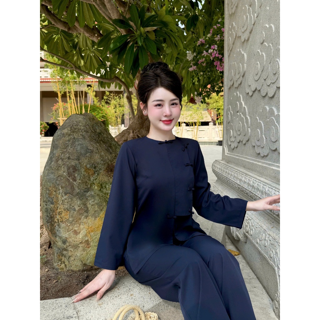 Pháp phục đi chùa vạt hò dài tay lụa nhuyễn Bộ đồ lam đi lễ truyền thống cổ tròn vải mềm mặc tu tập