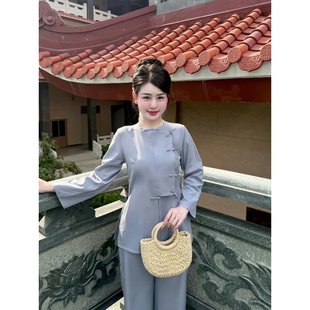 Pháp phục đi chùa vạt hò dài tay lụa nhuyễn Bộ đồ lam đi lễ truyền thống cổ tròn vải mềm mặc tu tập