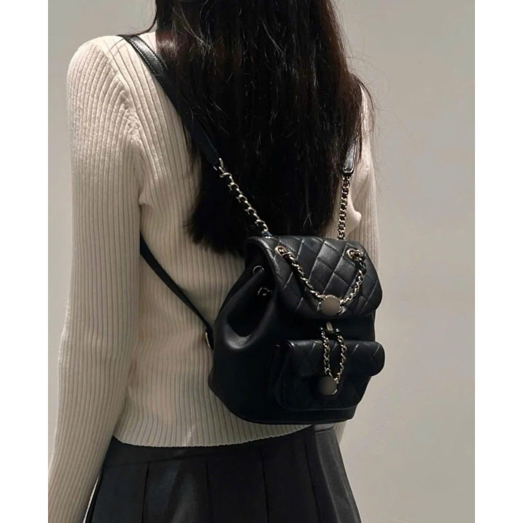 Balo mini dây rút da mềm trần trám Cha.n3ll size 23 siêu xinh sang chảnh