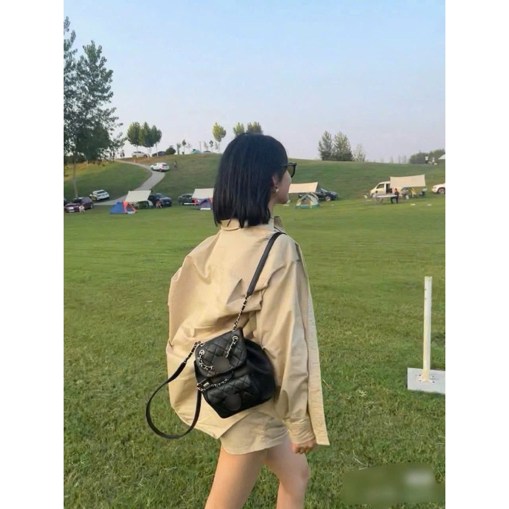 Balo mini dây rút da mềm trần trám Cha.n3ll size 23 siêu xinh sang chảnh