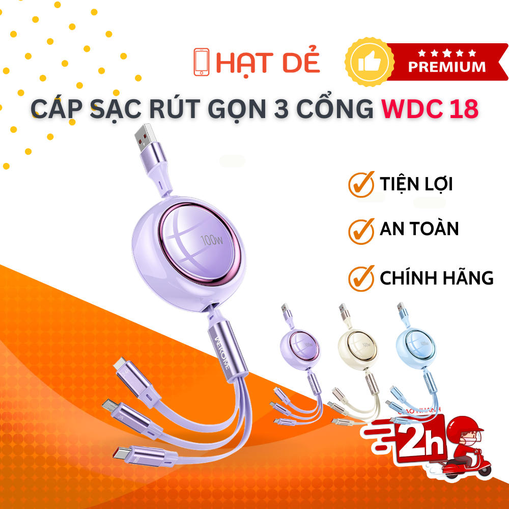 Cáp Rút Chính Hãng WDC-18 | Cáp Sạc Nhanh & Truyền Dữ Liệu 3in1 Chống Rối Tiện Lợi Chân USB