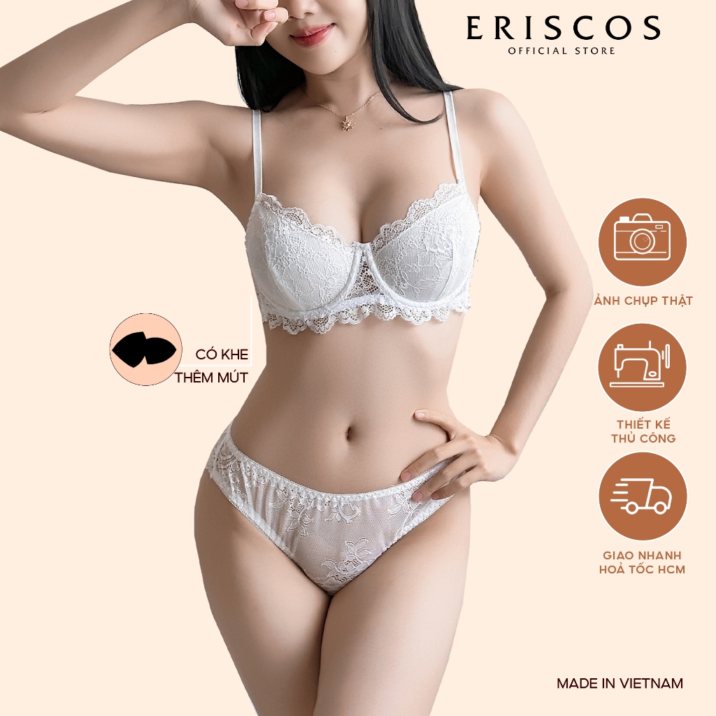 ASHA Set đồ lót ren trắng có gọng không mút ( có khe thêm mút rời ) quần cánh tiên trẻ trung gợi cảm thoải mái Eriscos