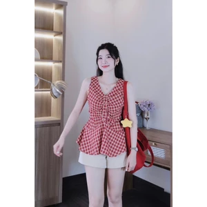 set áo babydoll nữ kẻ caro đỏ thiết kế peplum cột nơ xinh xắn + quần short thời trang phong cách hàn quốc