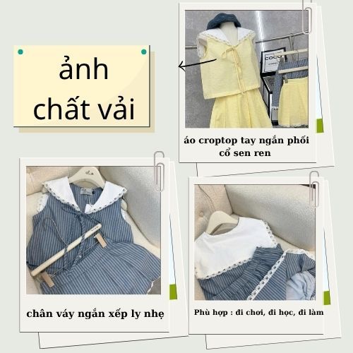 Set đồ nữ cao cấp cổ sen ren áo croptop mix chân váy, bộ hè nữ kiểu dáng năng động trẻ trung 2 màu xanh vàng HCOM26065