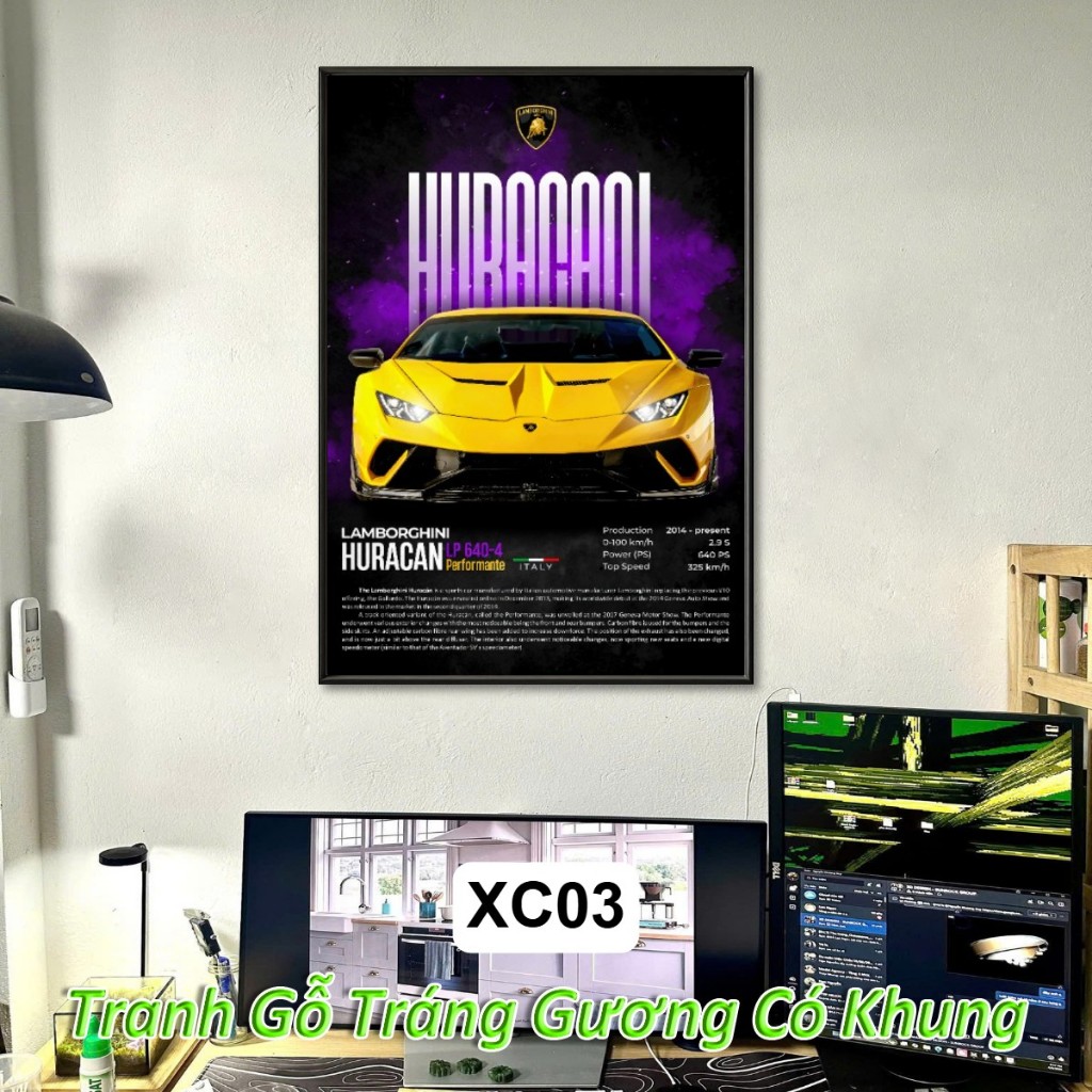 Lamborghini Tranh Siêu Xe Treo Tường Khung Composite Cao Cấp Decor Trang Trí Phòng Khách, Phòng Game