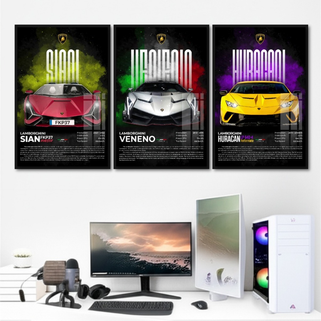 Lamborghini Tranh Siêu Xe Treo Tường Khung Composite Cao Cấp Decor Trang Trí Phòng Khách, Phòng Game