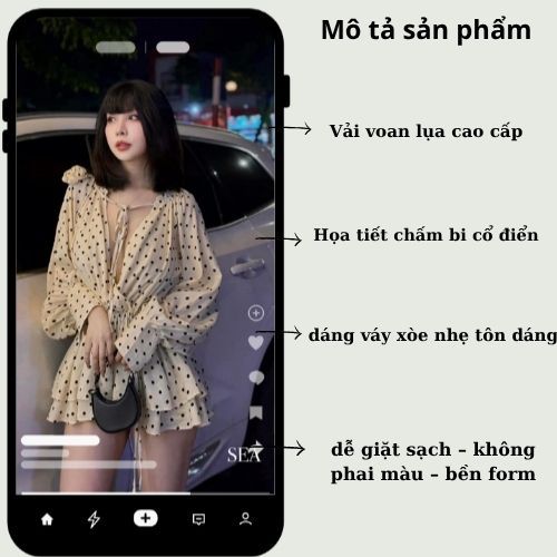 Váy nữ thiết kế phong cách tiểu thư Jumito, đầm nữ tay bồng hoạ tiết chấm bi chất liệu vải đũi mát mẻ HCOM2901