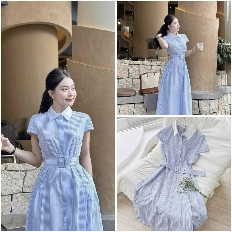 Đầm dài kẻ sọc xanh cổ sơ mi kèm đai eo, váy nữ công sở thanh lịch Hàn Quốc HCOM26296
