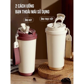 Cốc giữ nhiệt tráng gốm cao cấp, bình giữ nhiệt Nesthome có nắp đậy ống hút giữ nhiệt lâu